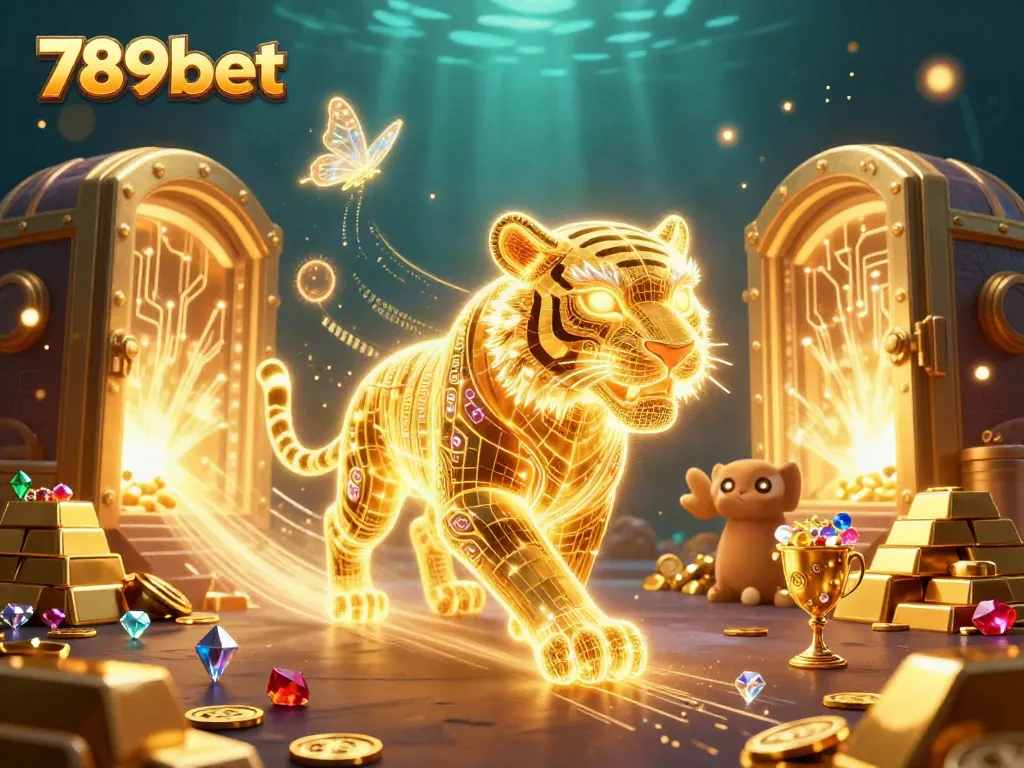 Engage with 789bet in a vibrant digital casino environment full of golden treasures and energy.