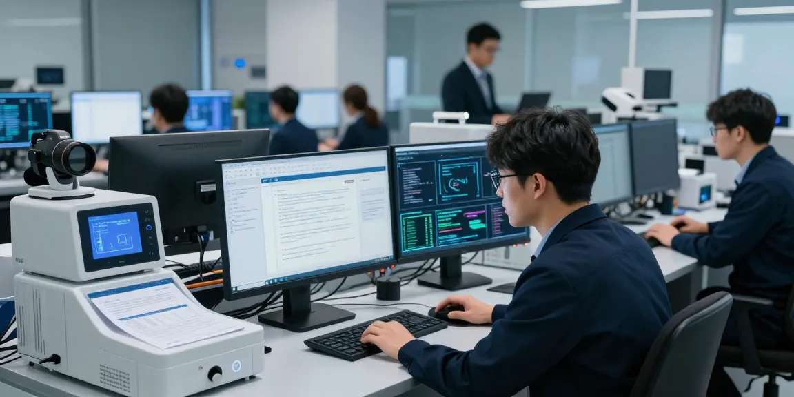 Expert examining document fraud detection software in a high-tech forensics lab, showcasing advanced technology and analytical tools.