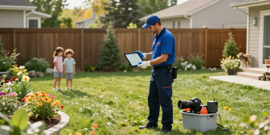 Calgary pest control technician inspecting backyard for pests with family pet nearby.