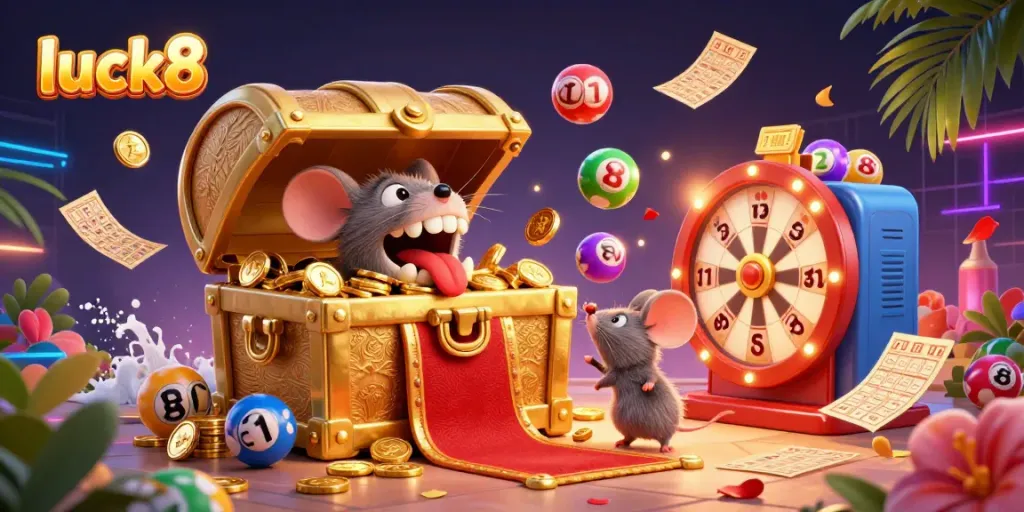 Engage with luck8's vibrant gaming excitement through a dynamic illustration showcasing lottery balls and golden treasure chests.