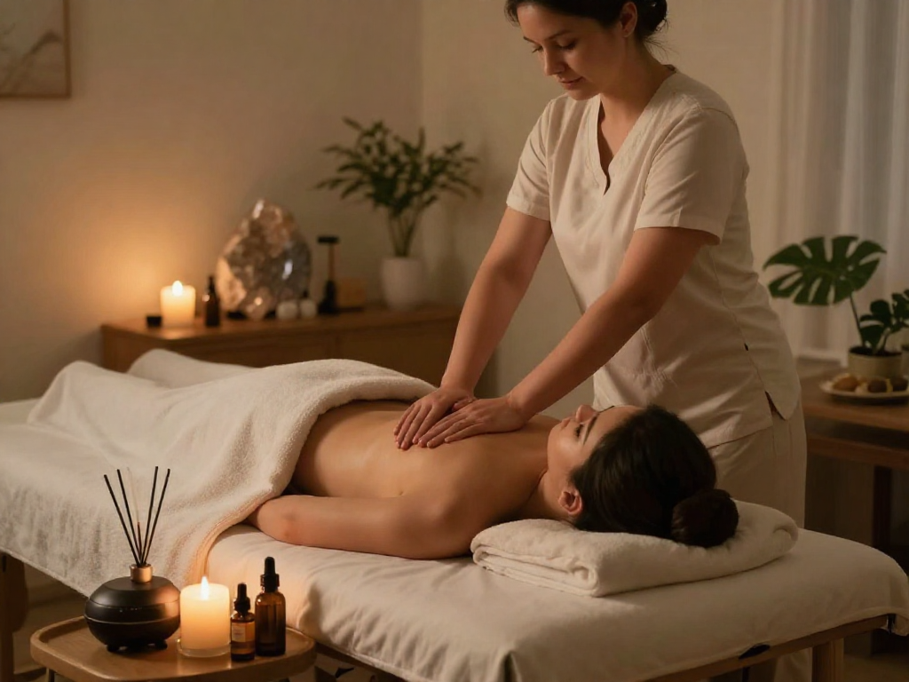 Relaxing 노원출장안마 massage room with candles, essential oils, and soothing atmosphere.