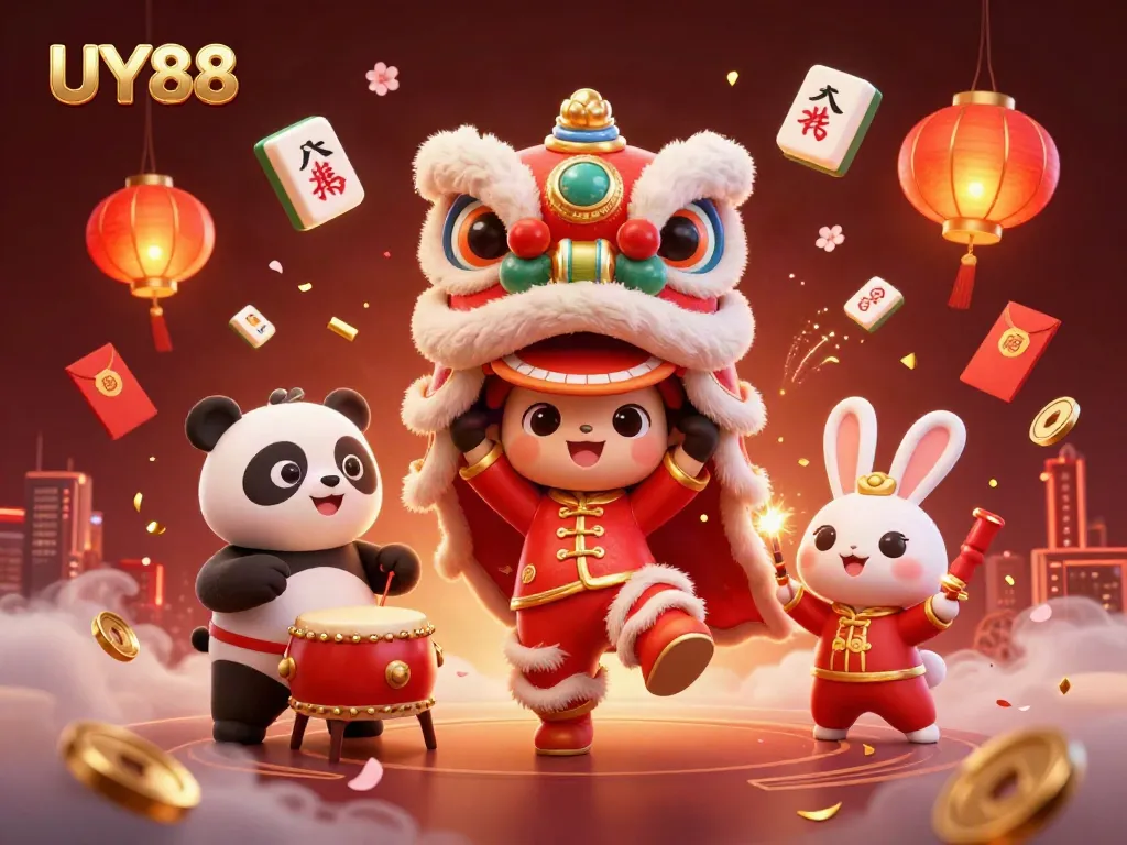 Experience UY88 in a vibrant 3D scene with festive characters celebrating casino games.