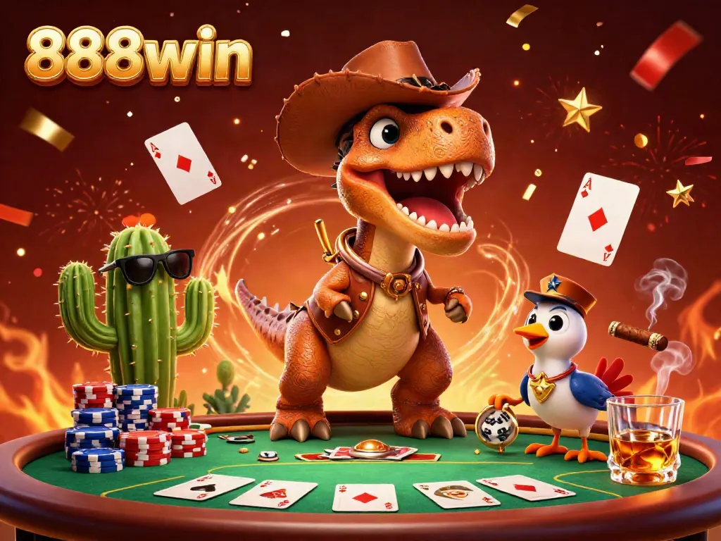 Experience the thrill of 888win with a lively 3D casino scene featuring a T-Rex and poker action.