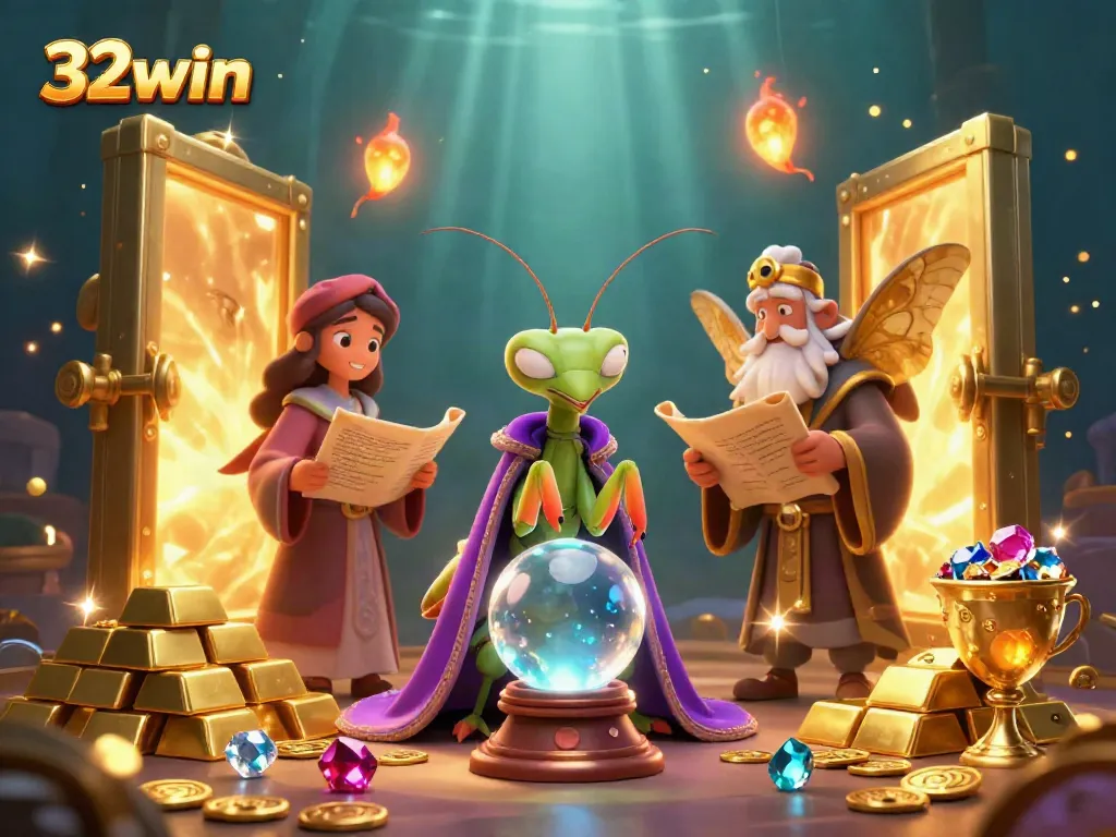 Gamblers experience fortune at 32win casino with vibrant treasures and mystical characters.