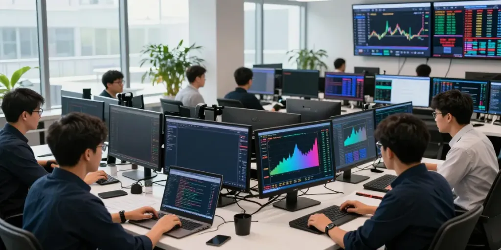 Traders analyzing AI-powered stock signals in a modern trading environment, highlighting slate capivex technology.