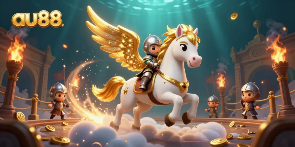 Engage in thrilling gameplay at au88 with a majestic celestial horse and knight amidst a vibrant casino scene.