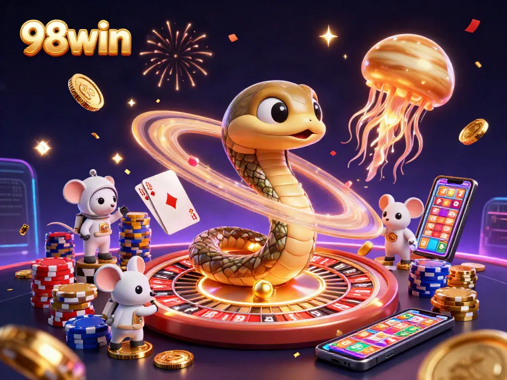 Experience the vibrant universe of 98win with an imaginative casino-themed cosmic scene, featuring a lively roulette wheel and playful astronaut mice.