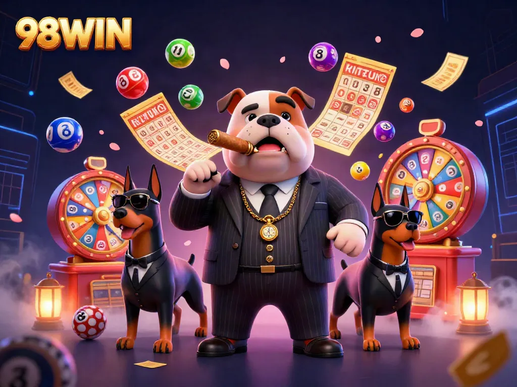 Join the excitement at 98WIN with vibrant lottery elements and major gaming characters.