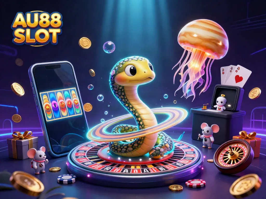 Experience the AU88 SLOT excitement with a dynamic 3D scene packed with action, featuring a cosmic dealer and playful astronauts.