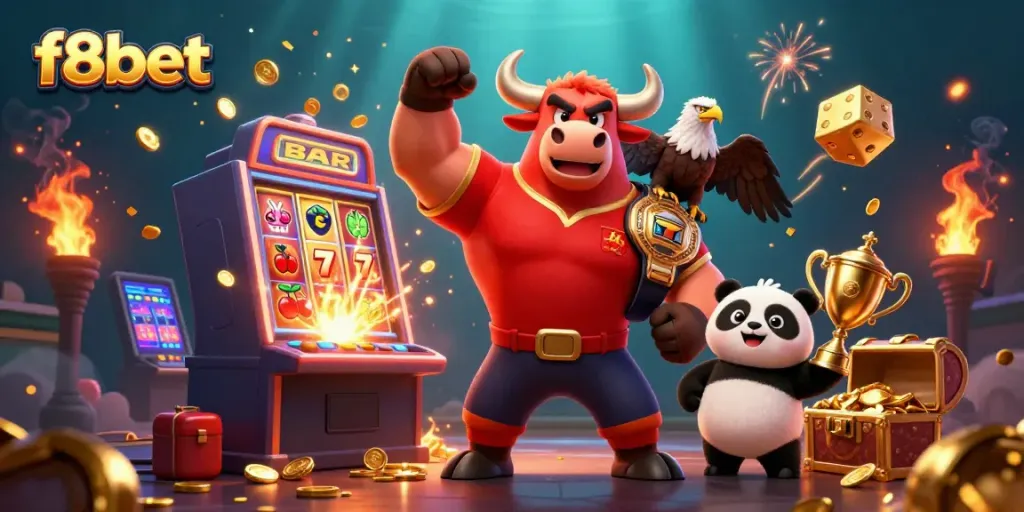 Experience winning thrills at f8bet with an exciting 3D casino victory scene depicting vibrant characters and games.