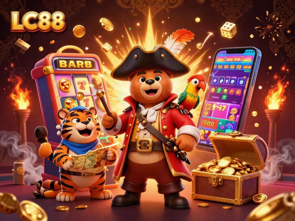 LC88 invites players to experience a dynamic casino scene with a pirate bear, tiger, and treasure.