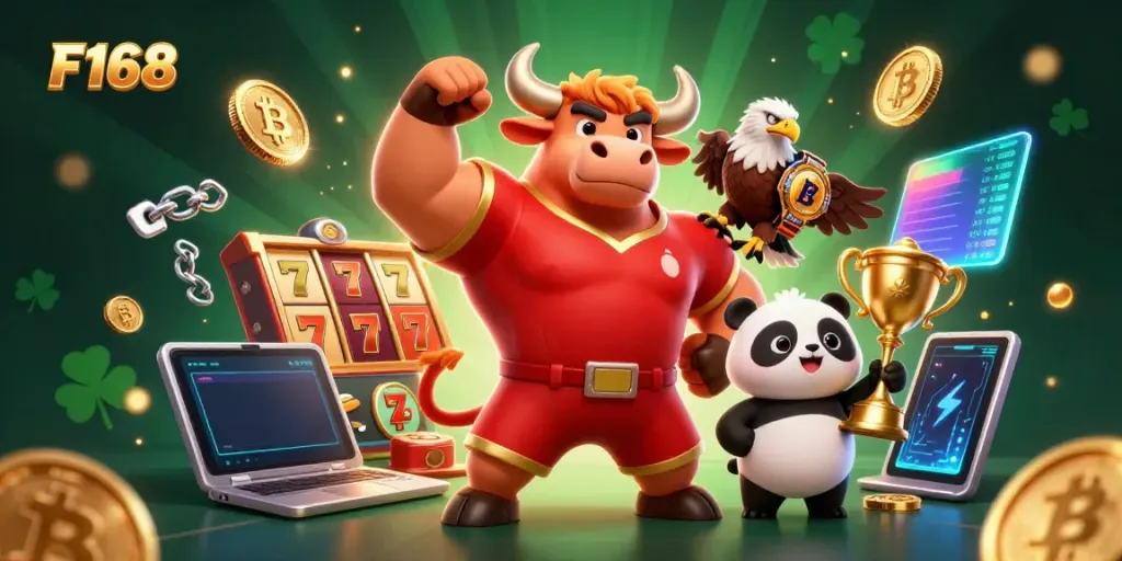 F168 players celebrate with a bull mascot, eagle champion, and panda trophy amidst slots and crypto coins.