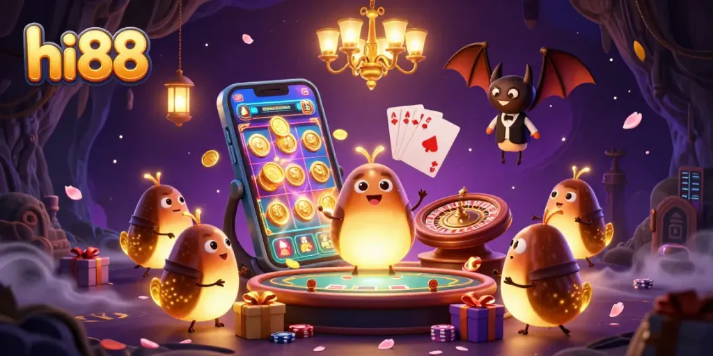 Experience hi88's vibrant casino scene with glowworms lighting up as a chandelier and dealer