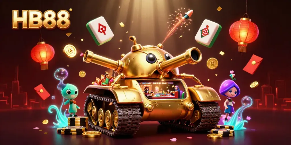 HB88 casino scene with a golden beetle tank revealing a miniature casino, vibrant details and confetti.