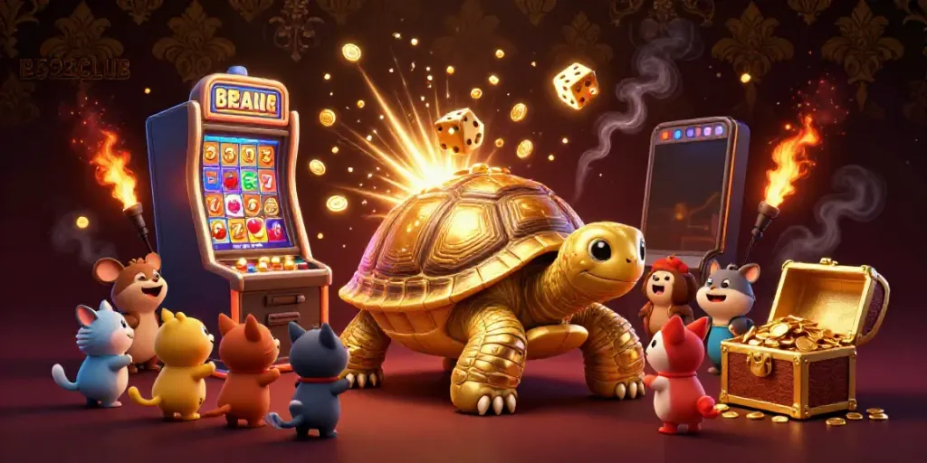 B52CLUB's golden tortoise pinball machine entertains excited gamers in a colorful casino setting.