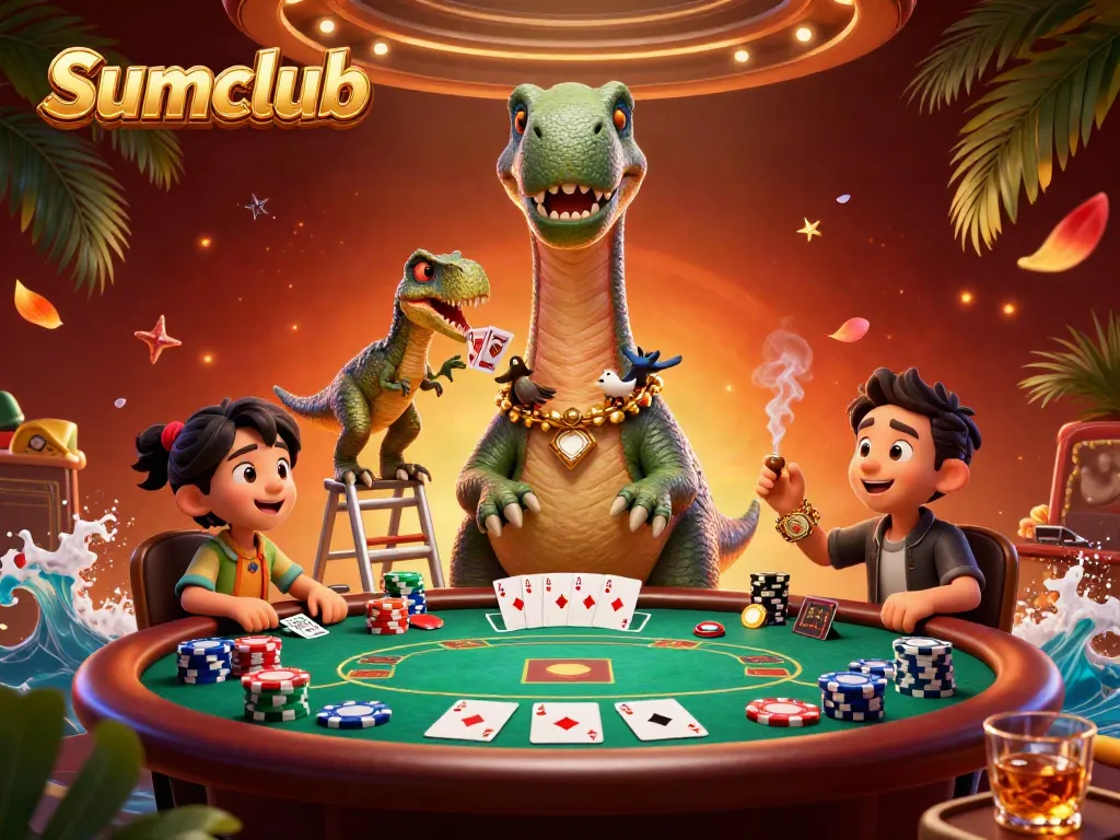 Experience thrilling action at Sumclub with a vibrant casino scene featuring a brontosaurus and clever raptor.