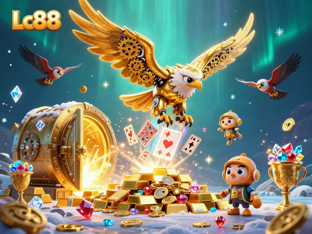 Experience thrilling gameplay with Lc88's cybernetic eagle amid a treasure-filled casino scene.