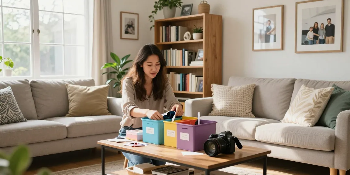 Organization Ottawa: Professional organizer decluttering a cozy living room with inviting natural light.