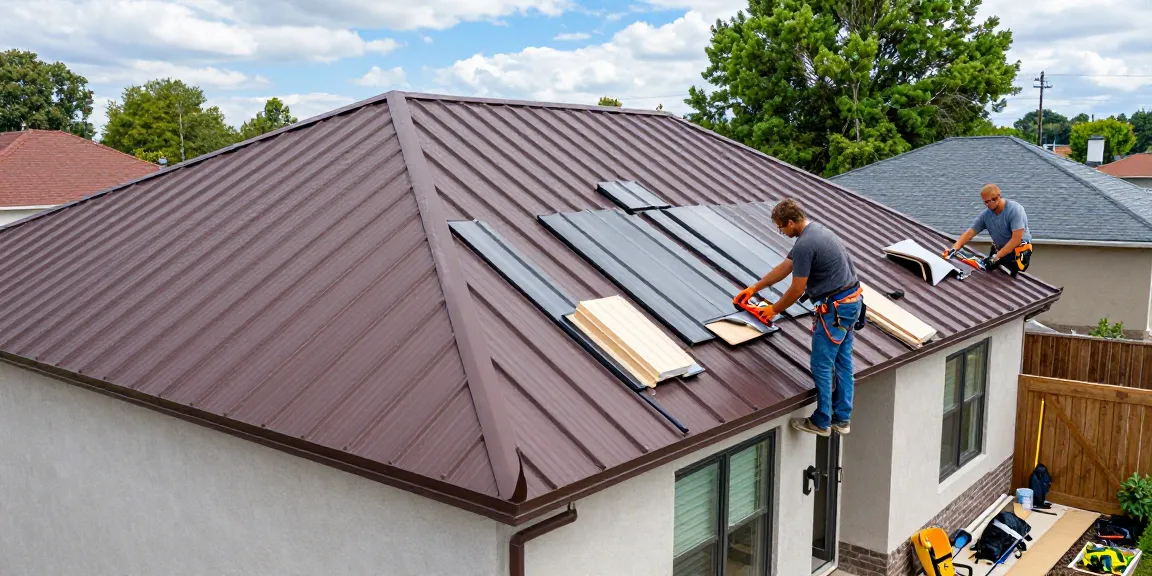 Metal roof installation projects showcasing skilled workers installing standing seam panels on a modern house.