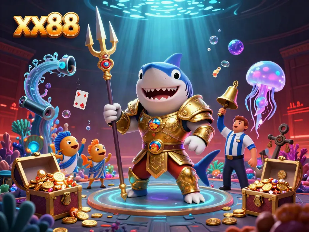 Experience thrilling gaming excitement with xx88 in this vibrant underwater casino scene featuring colorful characters and elements.
