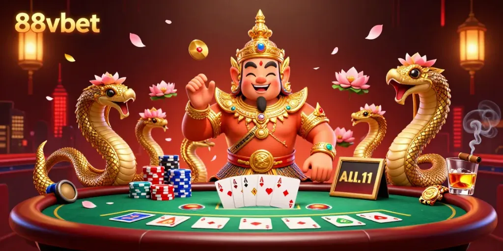 Engage with 88vbet in a vibrant 3D casino illustration featuring dynamic poker elements and lively characters.