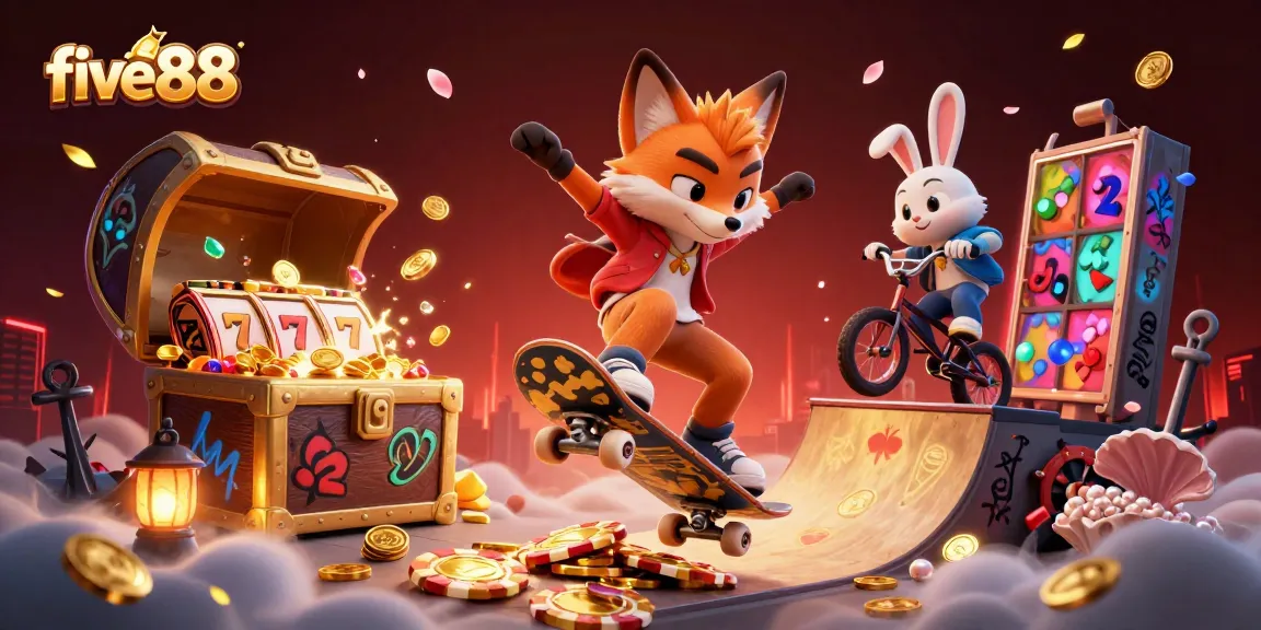 Experience vibrant gameplay at five88 with a skateboarder fox and BMX rabbit in a dynamic casino scene.