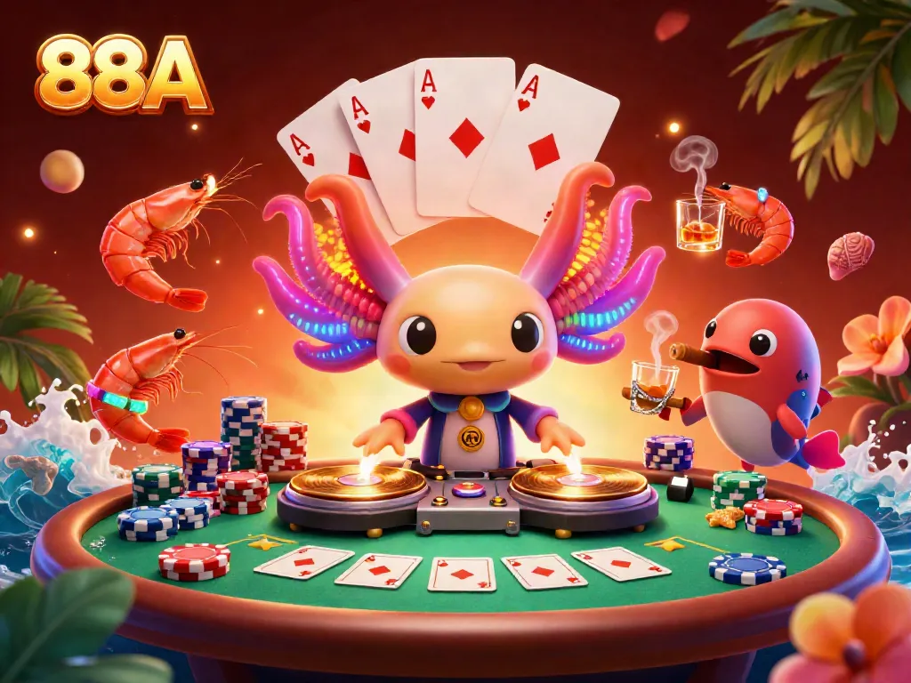 Experience the vibrant world of 88AA with a neon-colored axolotl DJ and dancing sea creatures at a lively poker table.