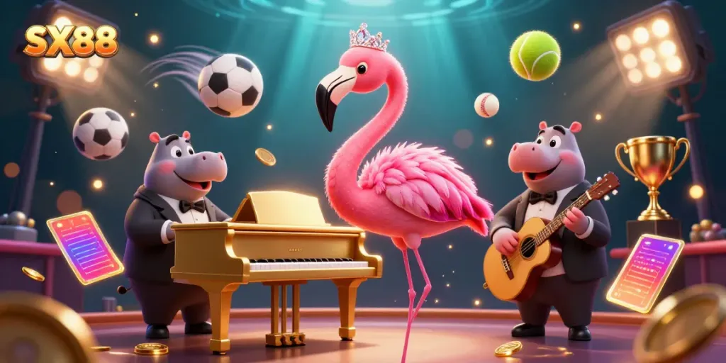 SX88 showcases a vibrant casino scene with a flamingo singer and hippo bassist, filled with dynamic gaming elements.