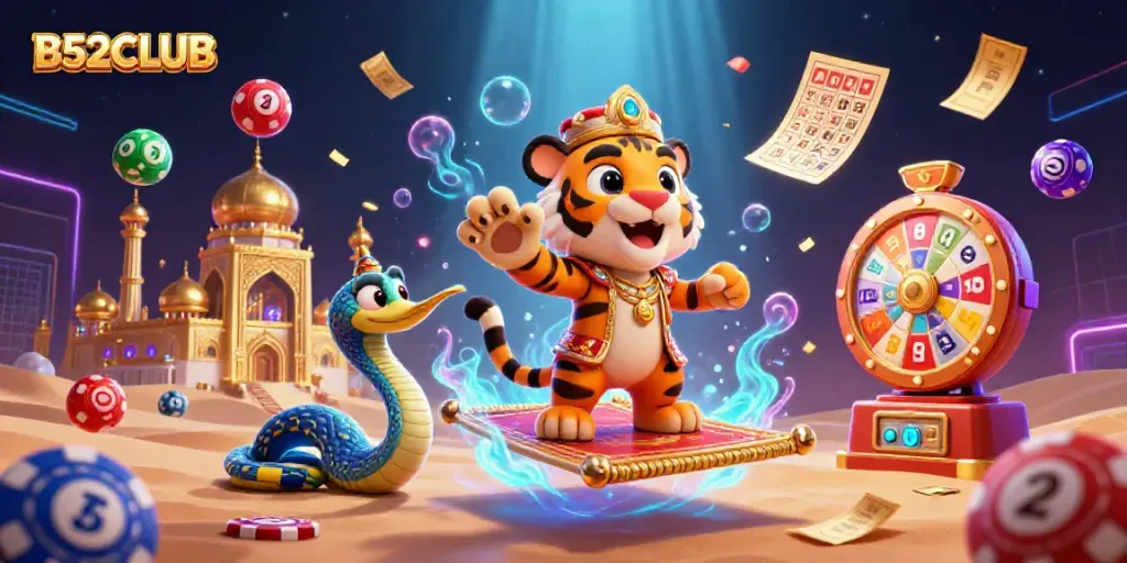 B52CLUB showcases a vibrant 3D casino scene with a sultan and colorful gaming elements.
