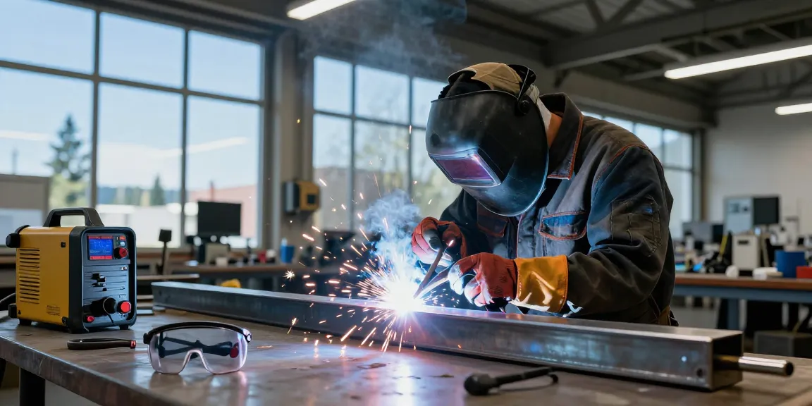 Vancouver Welding Company expert welding metal beams in a modern workshop with bright natural light and high-tech equipment.