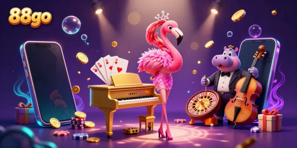 Enjoy exciting gaming moments at 88go with a vibrant 3D casino scene featuring a flamingo singer and hippo bassist.