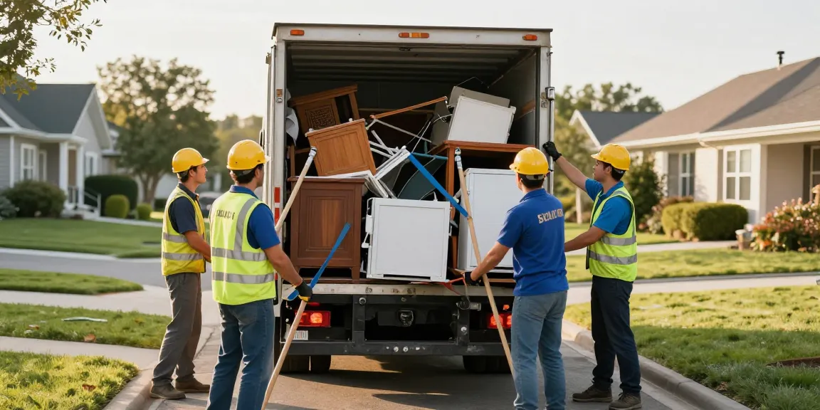 Efficient junk removal team in Vancouver loading truck with furniture and appliances for target junk removal Vancouver.