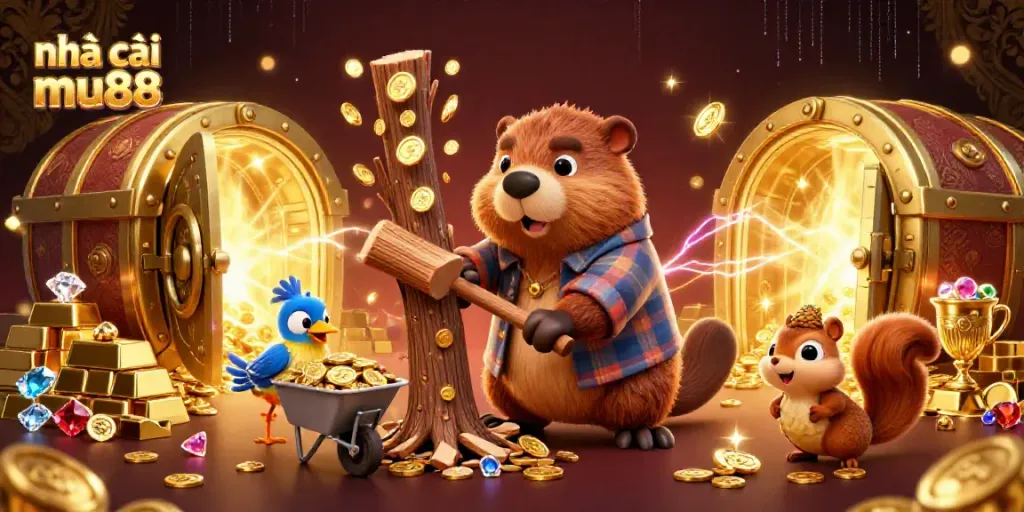 Engage in thrilling games with nhà cái mu88 as a beaver, bird, and squirrel rejoice in a golden treasure-filled scene.