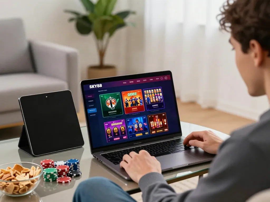 Engaging user experience at https://sky88tg.com/ showcasing various gambling games on a laptop and smartphone.