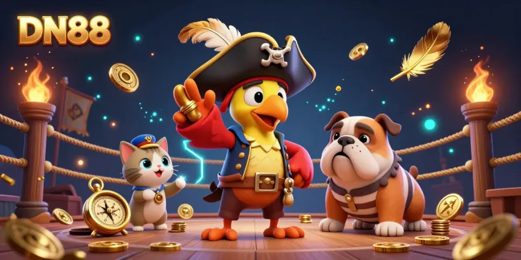Engage with the thrilling DN88 pirate-themed betting scene featuring dynamic characters and vibrant casino elements.
