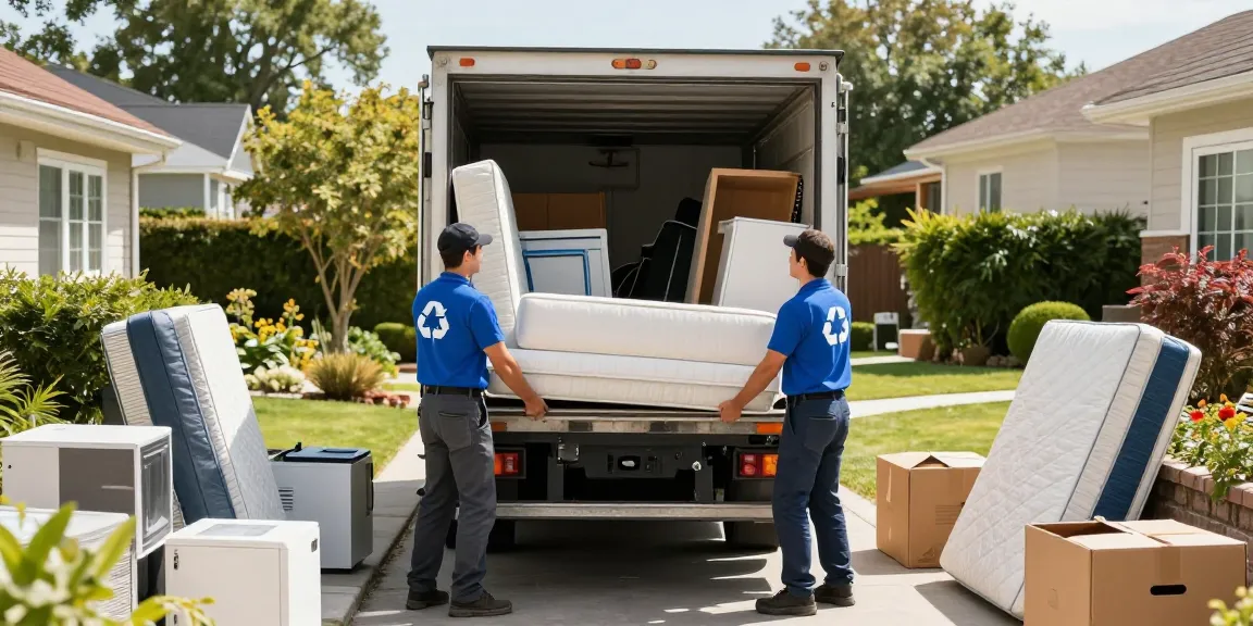 Vancouver Junk Removal team efficiently hauling furniture during a sunny day in a residential area.