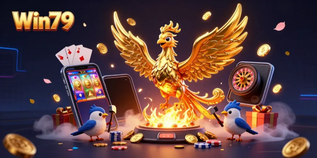 Experience adventure with Win79 as a molten metal phoenix and gold coins erupt in a vibrant casino scene.