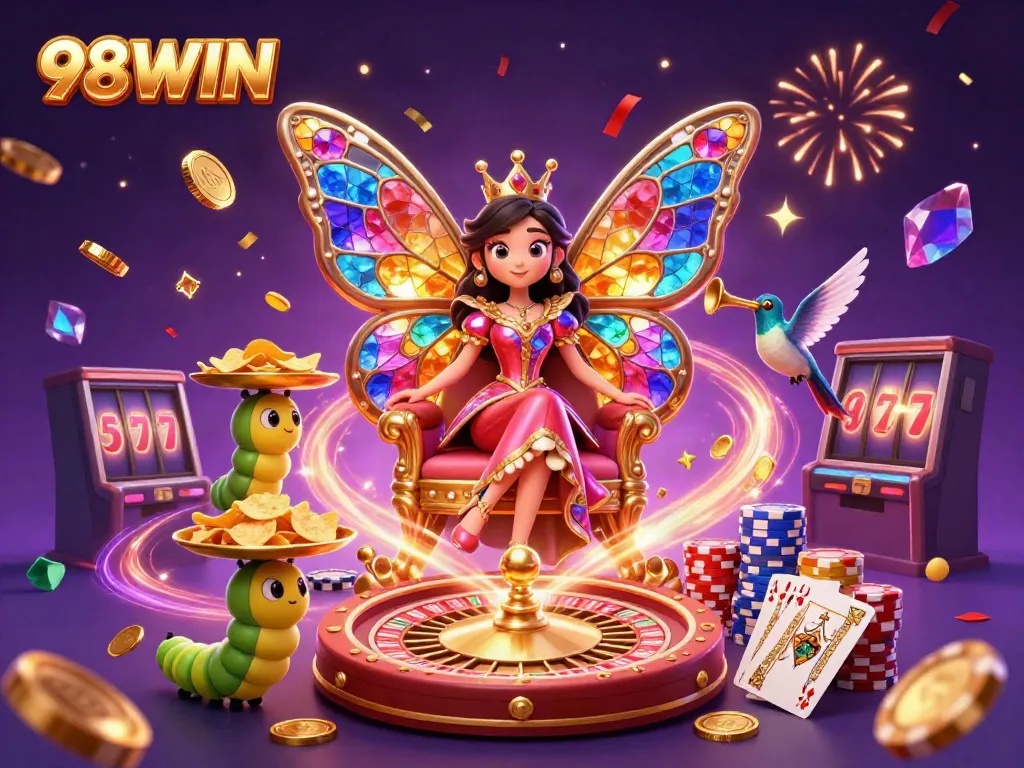 Engage with 98WIN's exciting gaming world featuring festive casino elements and 3D characters.