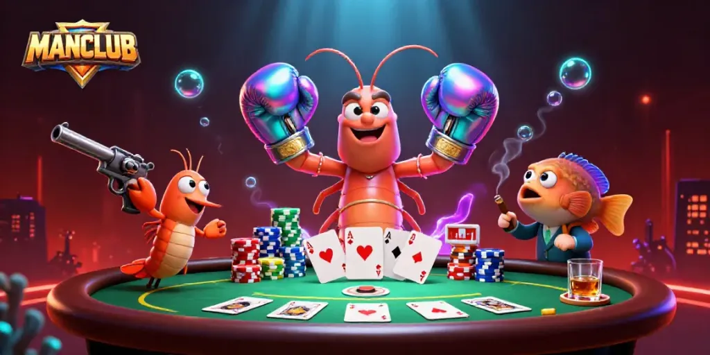 Engage with MANCLUB at the poker table amidst vibrant casino elements in a stunning 3D illustration.