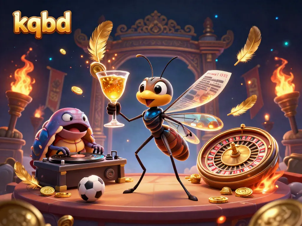 KQBD showcases a lively 3D illustration of a mosquito casino mascot and a trilobite DJ amidst dynamic betting elements.