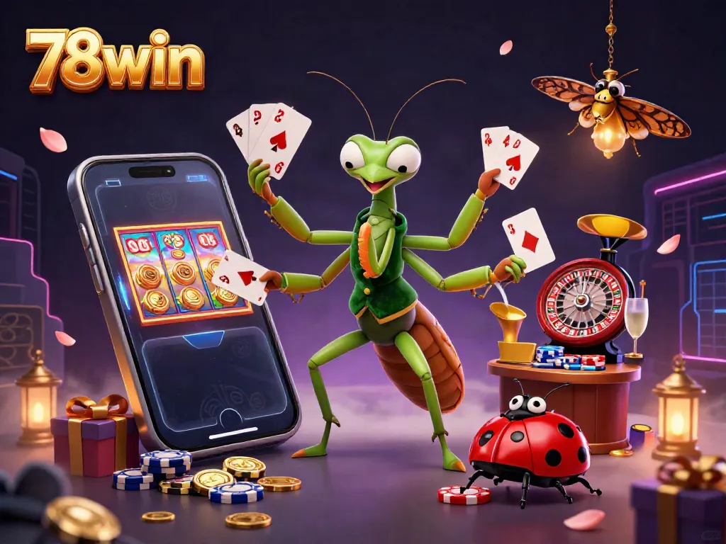 Experience excitement with 78win's colorful slot games, vibrant characters, and lavish casino elements in a dynamic scene.