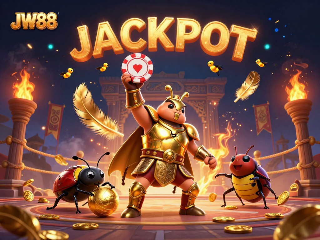 JW88 brings excitement to the arena with a beetle hero lifting a poker chip.