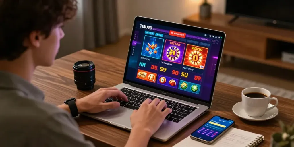 Pengguna sedang berinteraksi dengan TISU4D, platform taruhan digital, di laptop dengan notepad dan kopi di meja.