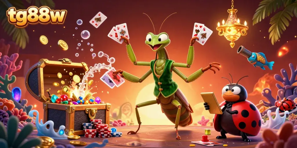 Experience excitement at tg88w with a vibrant scene of eclectic characters gambling amid treasures.