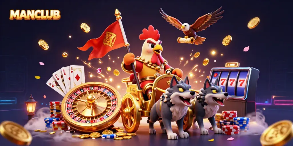 Experience thrilling gameplay with MANCLUB's vibrant casino illustration featuring dynamic characters and rich elements.