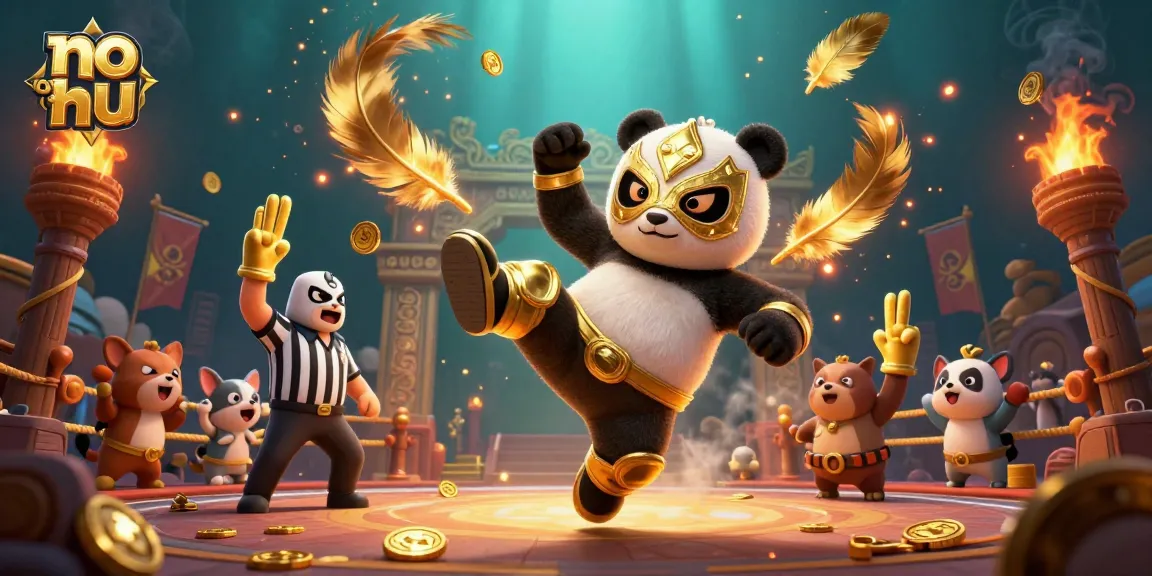 Experience thrilling action with no hu as a cartoon panda wrestler kicks, surrounded by gold coins and cheering fans.