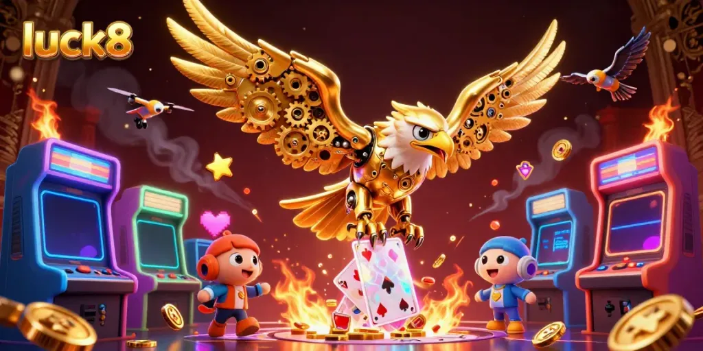 Experience the excitement of luck8 with a cybernetic eagle soaring amidst holographic playing cards and vibrant arcade elements.