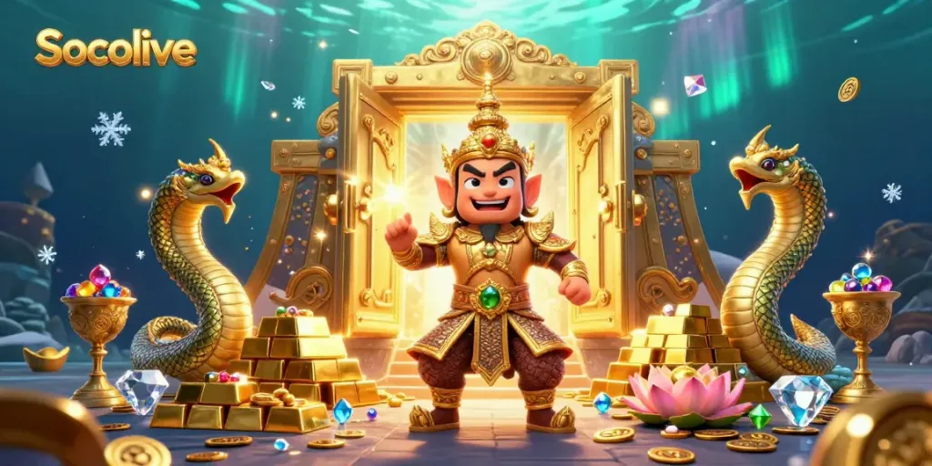 Socolive showcases a vibrant 3D cartoon guardian amidst treasure, emphasizing the thrill of gaming.