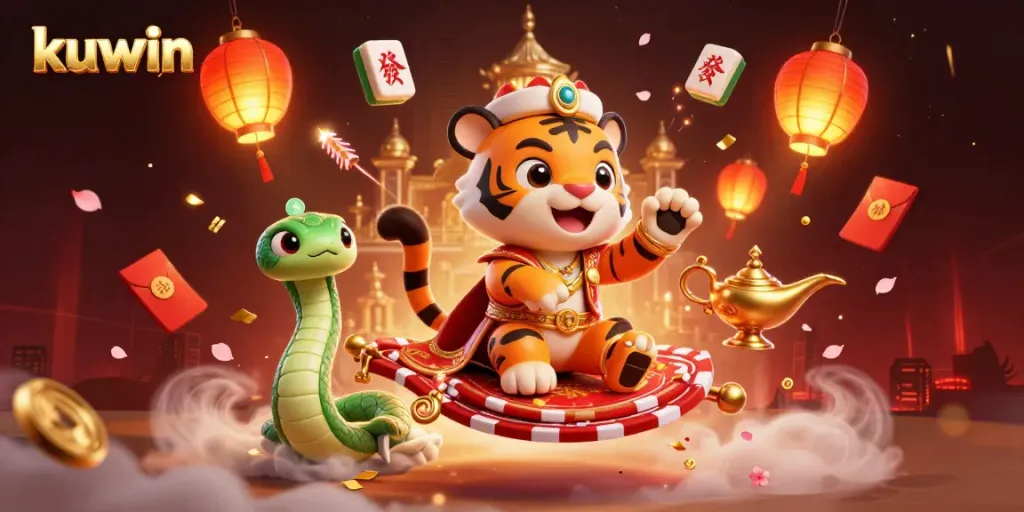 Kuwin players winning big with a vibrant casino celebration scene full of luxurious and thematic elements.