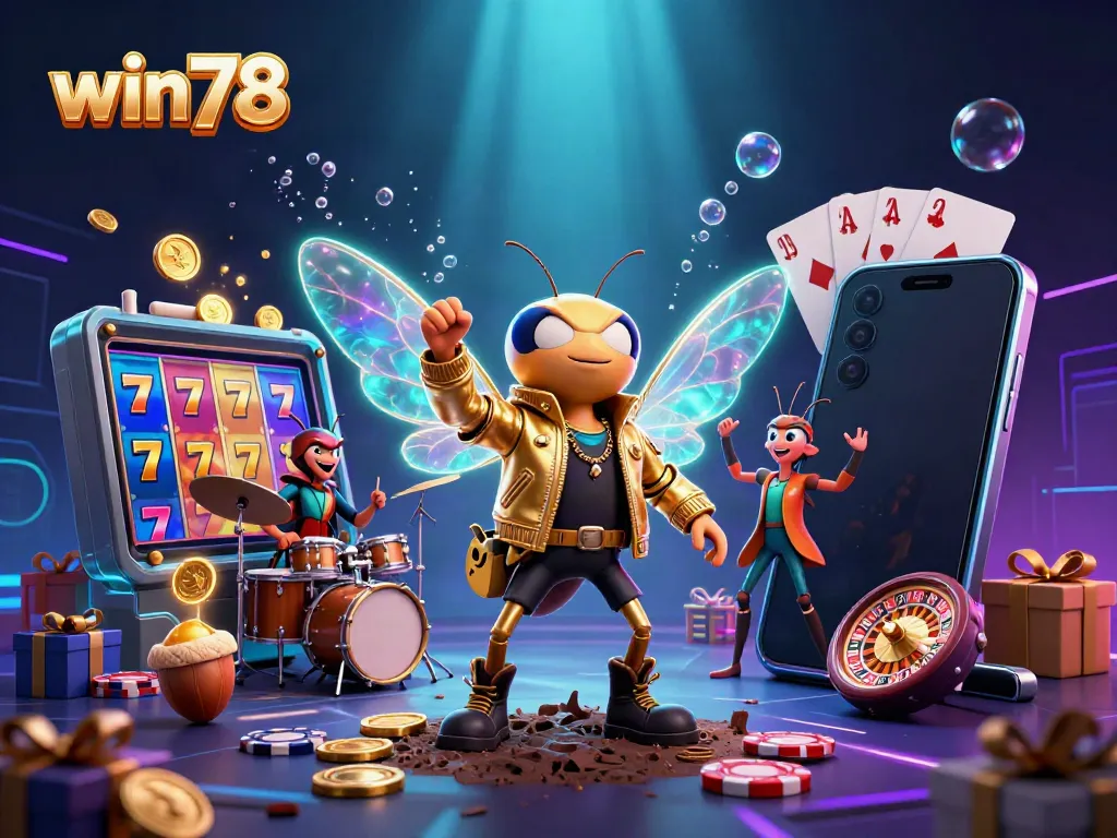 Win78's exciting slot game features vibrant characters and dynamic casino elements.